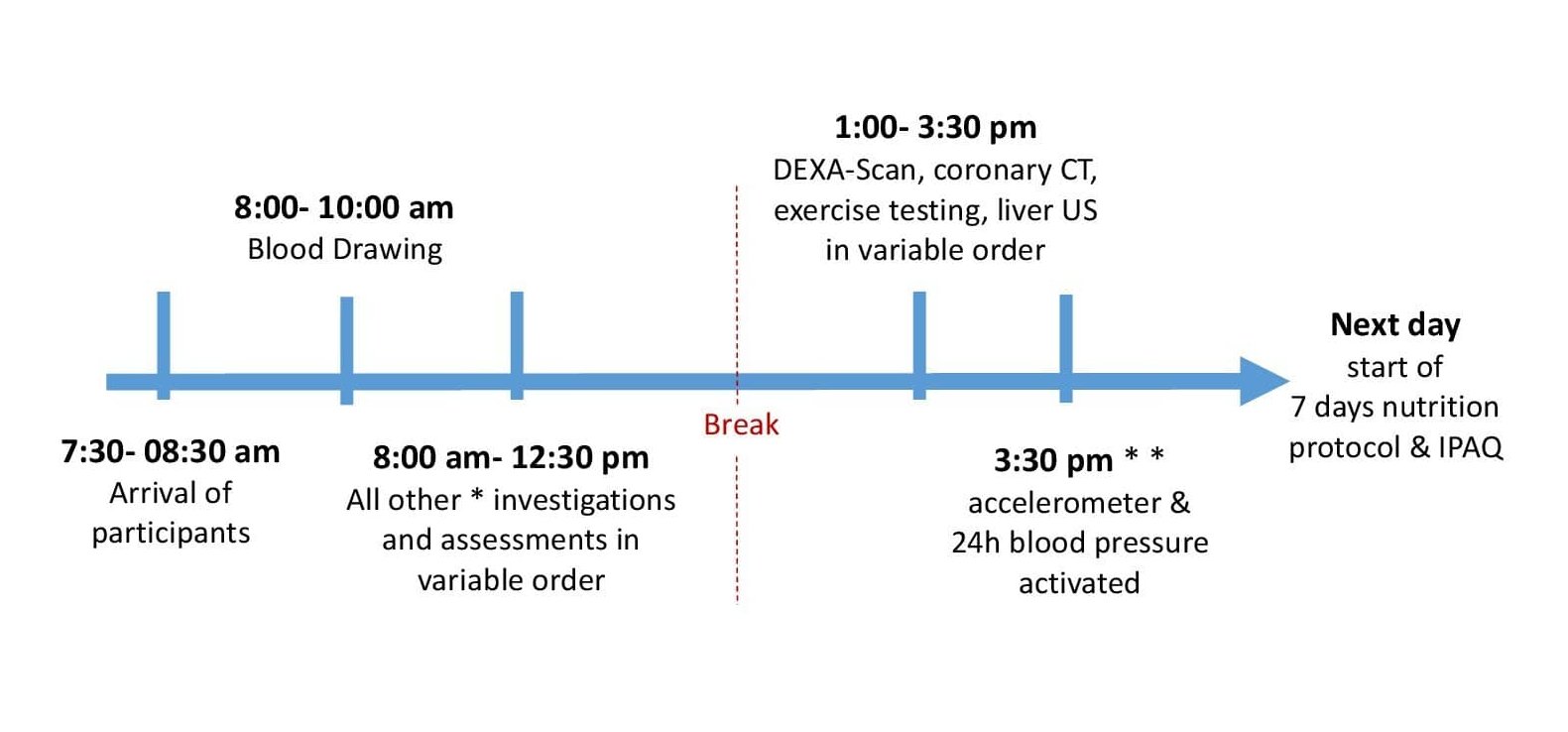 Fig. 3. Timeline of daily practice. DEXA= Dual Energy X-ray Absorptiometry, CT= Computed Tomography, US= Ultrasound, IPAQ= International Physical Activity Questionnaire. *All investigations except for DEXA Scan, coronary CT, exercise testing, liver US, 7 days nutrition protocol, IPAQ, accelerometer, 24h Blood pressure. * *Time might be variable, up to the next day. This depended on participants’ personal reasons.