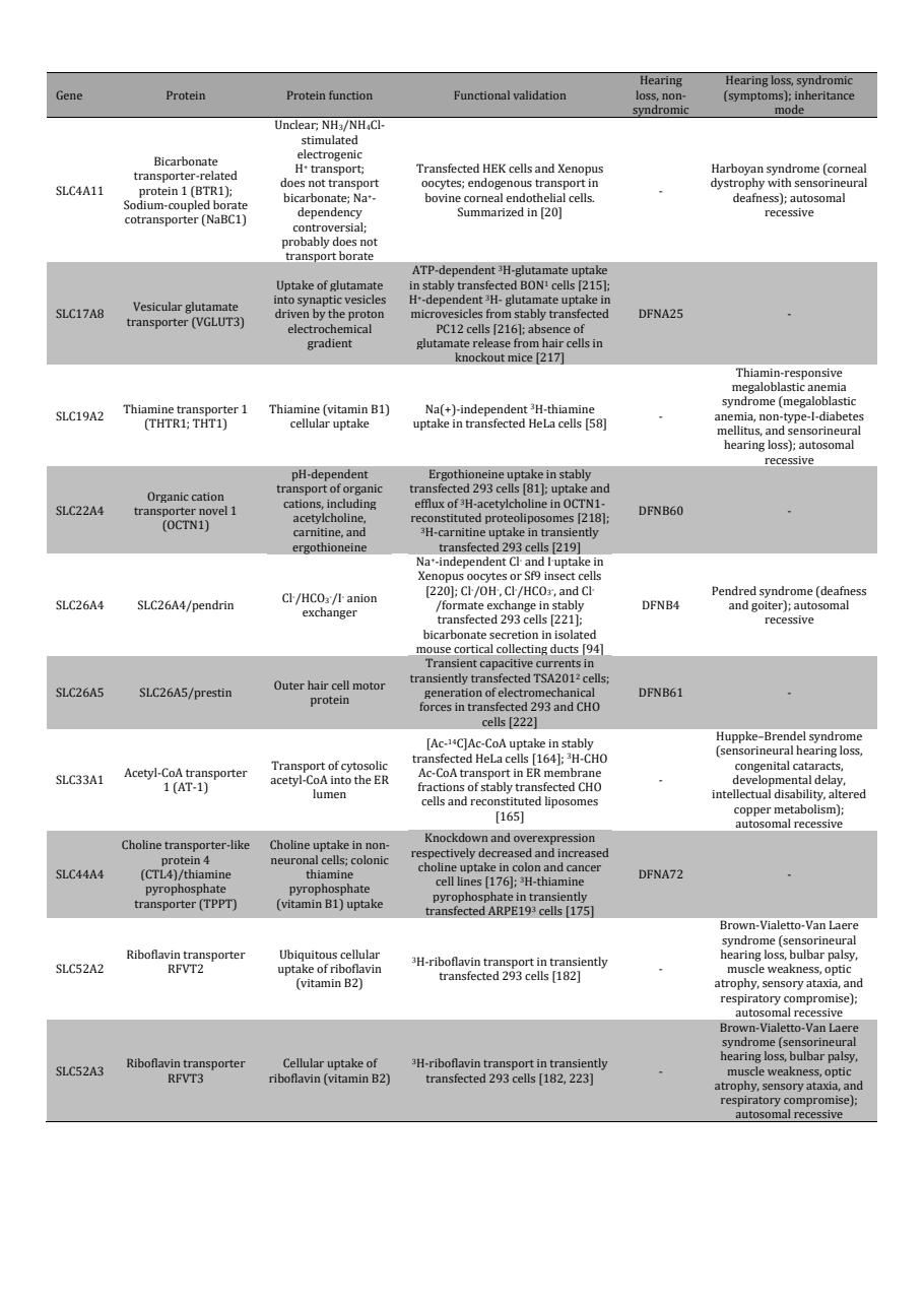 Table 1. The SLC transporters involved in determining hearing loss according to the Deafness Variation Database [15], protein function, and corresponding clinical phenotype. DFNA, deafness, autosomal dominant; DFNB, deafness, autosomal recessive; SLC, solute carrier. 1A neuroendocrine cell line secreting serotonin; 2clones of human embryonic kidney 293 cells that express the simian virus 40 large T-antigen in a stable manner; 3spontaneously arising retinal pigment epithelia (RPE) cell line.
